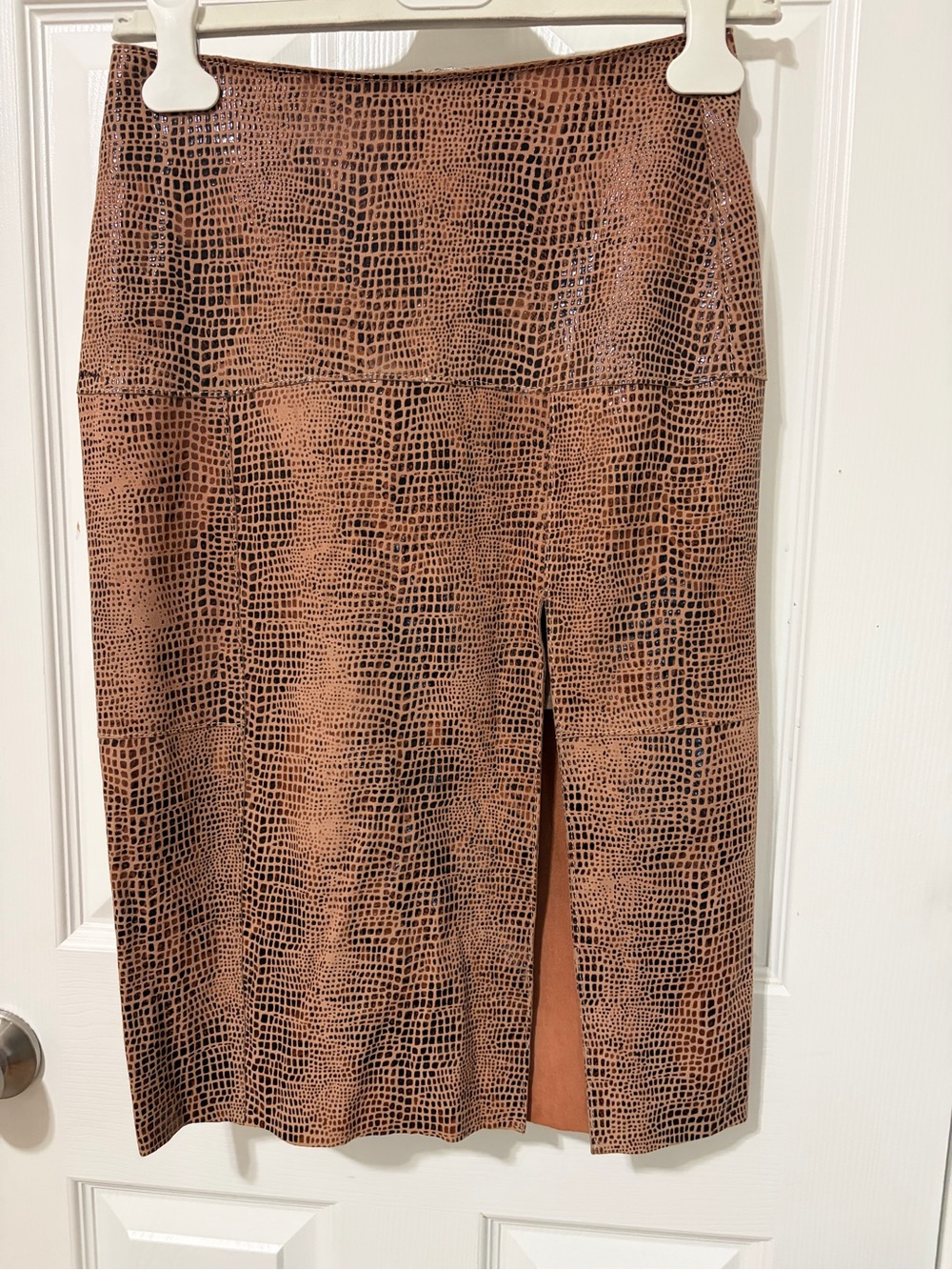 Free People Lamb Leather Pencil Skirt  Croc Embossed Brown High Waist Midi O XS